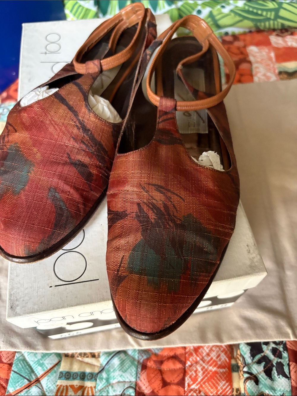 Rust Floral T-Strap Fabric Flats